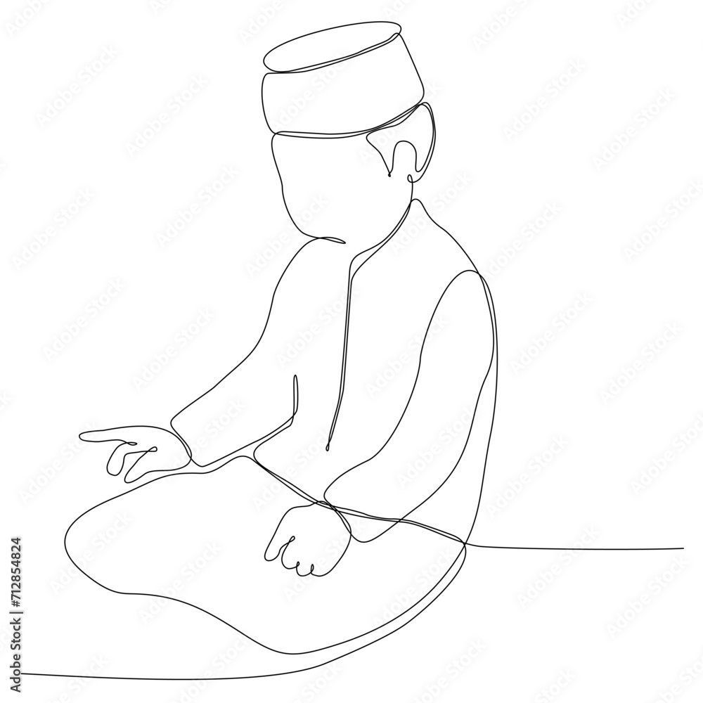Continuous line drawing of islamic muslim man praying with prostration ...