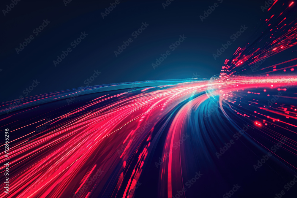 Abstract red light trail on blue background - obrazy, fototapety, plakaty 