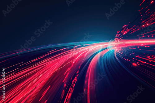 Abstract red light trail on blue background photo