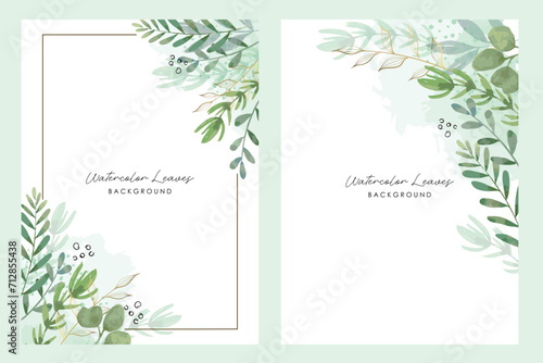 Abstract watercolor floral frame background vector. Watercolor invitation design with leaves, flower , gold geometric frame and watercolor brush strokes. Vector illustration. photo