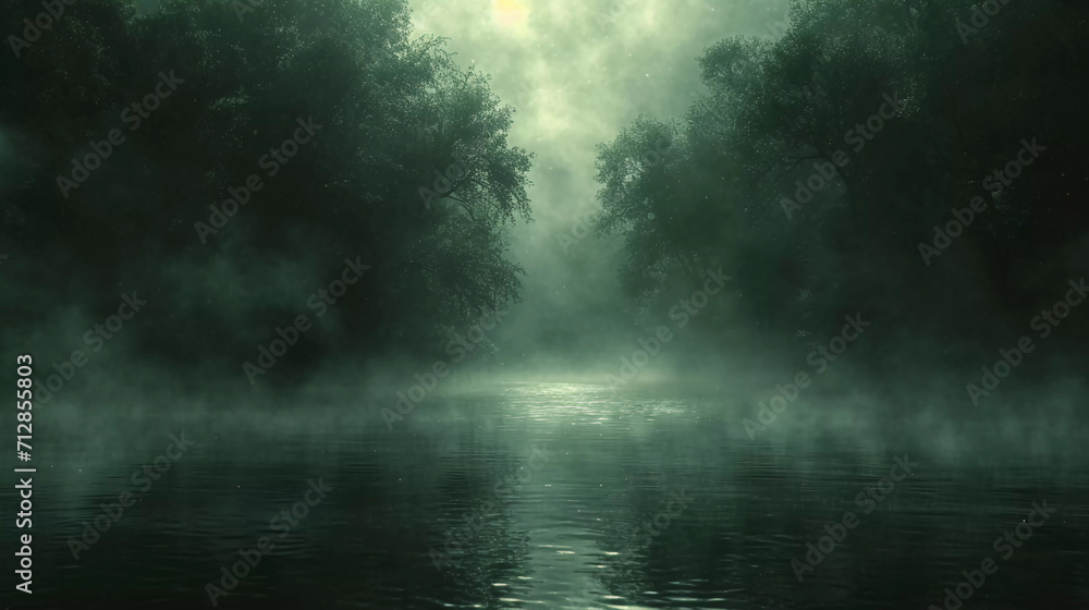 Dark horror background with mysterious red moon or circle over a foggy swamp
