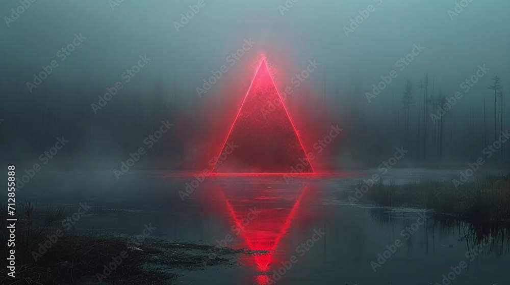Dark horror background with mysterious red prism over a foggy swamp
