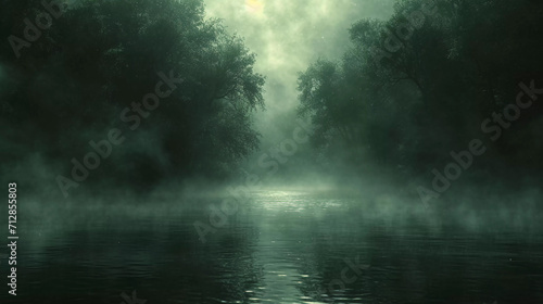 Dark horror background with mysterious red moon or circle over a foggy swamp