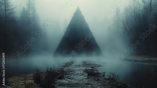 Dark horror background with mysterious red prism over a foggy swamp