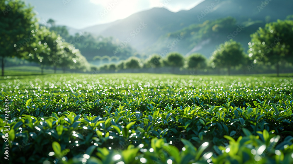 Young green tea buds growing in the tea garden in spring - obrazy, fototapety, plakaty 