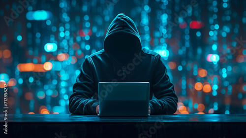 In a digital underworld, a hooded hacker navigates a dark interface. Spy anonymity, fraud security, and a laptop silhouette converge in a captivating vector illustration. photo