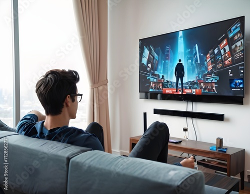 back view of young man watching movie on tv in living room at home