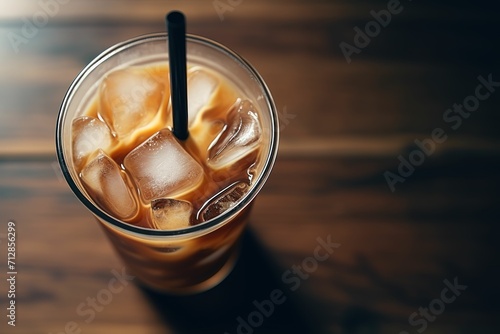 Top view of a cup of iced coffee on wooden table top, cafe menu, cafe simple wallpaper, cafe advertising, summer ice drink