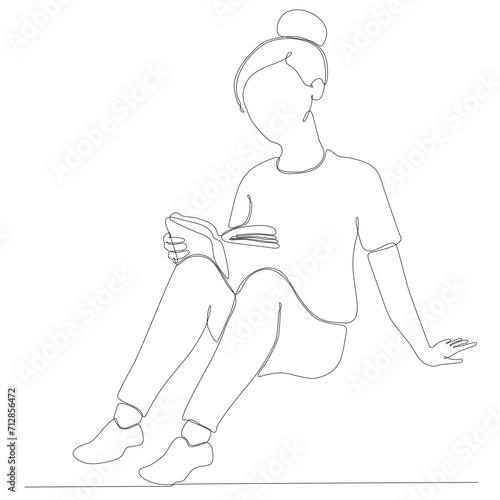 continuous line drawing of focused woman reading an interesting book