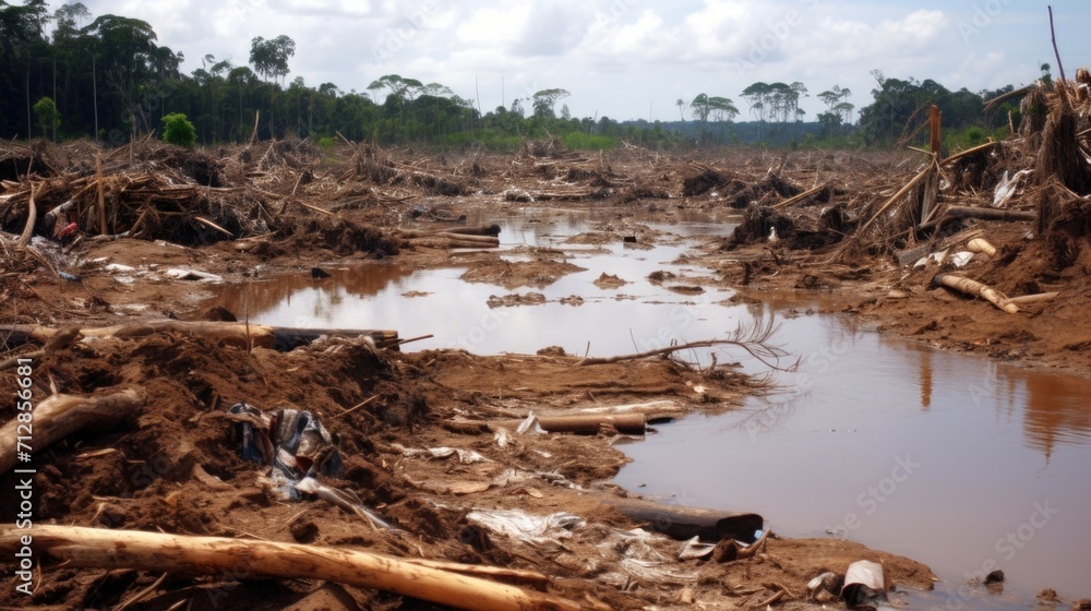 Fototapeta premium The ripple effect of deforestation how it contributes to environmental imbalance and its consequent flooding aftermath.