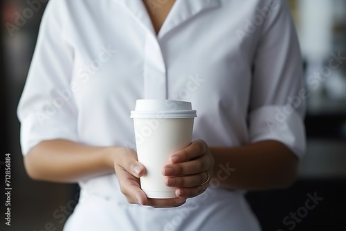 Faceless woman holding coffee cup in hand, passing coffee to you, person buying you coffee, cafe background, cafe advertising, cafe recruitment