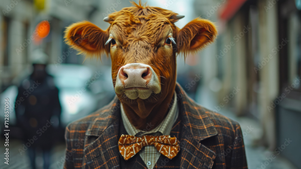 Elegant cow graces city streets in tailored fashion, epitomizing street style. The realistic urban backdrop frames this chic bovine, seamlessly blending pastoral charm with contemporary elegance in a 