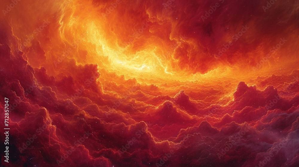 A fiery landscape of reds, oranges, and yellows, evoking the essence of a blazing sunset. The colors blend seamlessly, forming a warm, abstract spectacle reminiscent of an otherworldly inferno.