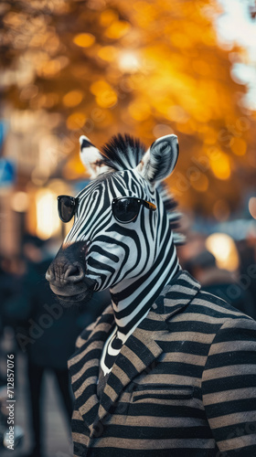 Fashionable zebra strides through city streets in tailored elegance  epitomizing street style. The realistic urban backdrop frames this black-and-white beauty  seamlessly merging wild charm with conte