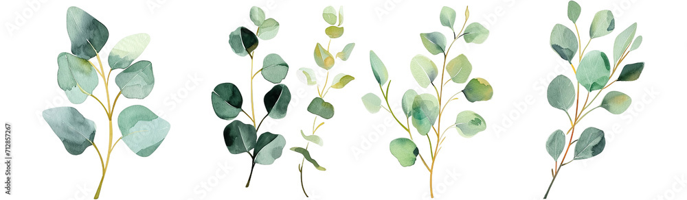 Eucalyptus branches with varying leaf arrangements, isolated on a white background