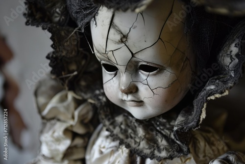 A haunted doll with cracked porcelain and a ghostly presence Old mystical scary horror doll