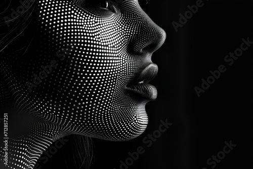 Silhouette of a stunningly beautiful profile of young lady made of very tiny dot's. generative AI