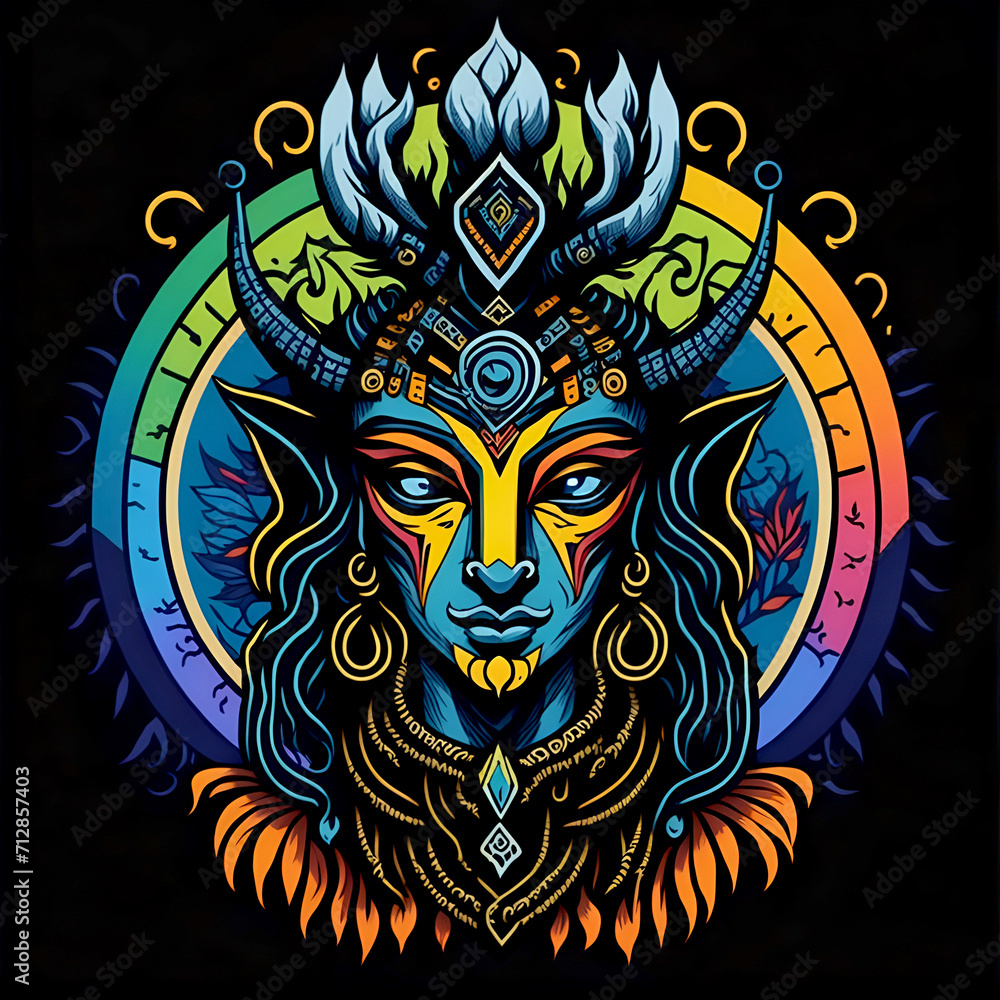 colorful tribal art and folklore illustration on dark backround