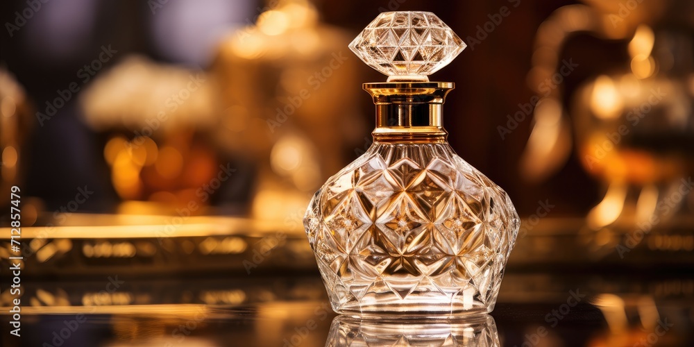 Luxurious interior featuring a close-up of a Bohemian glass crystal bottle with a golden pattern, reminiscent of an antique perfume bottle.