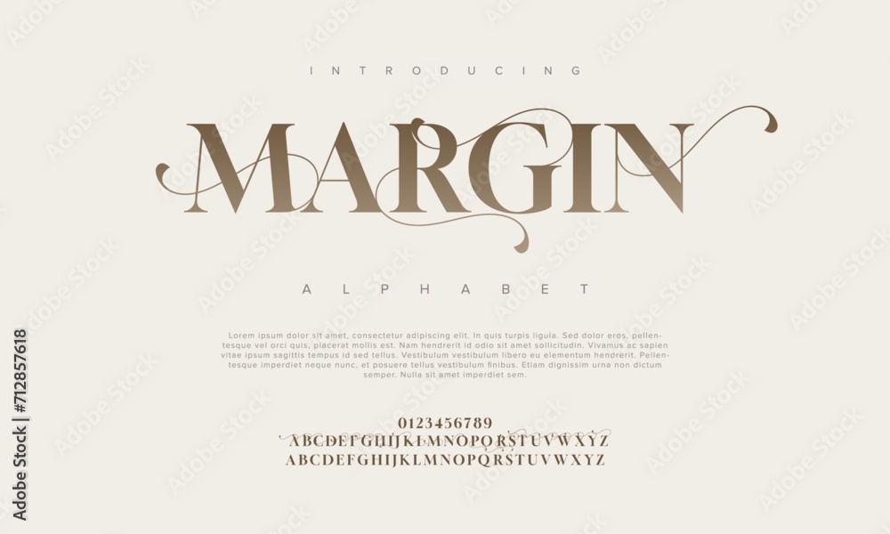 Margin premium luxury elegant alphabet letters and numbers. Elegant wedding typography classic serif font decorative vintage retro. Creative vector illustration