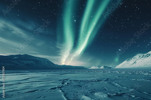 Aurora in the night sky, Northern Lights landscape background, Arctic region bright light starry sky background