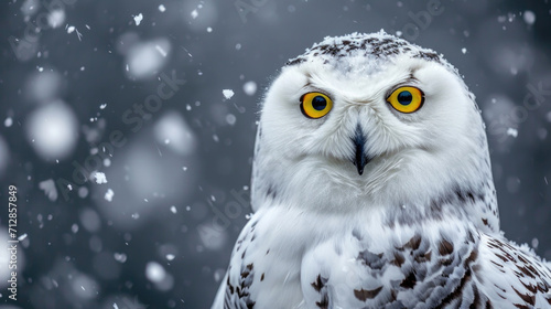 Closeup of a majestic snowy owl fluffed up to protect itself from the harsh snowfall its vibrant yellow eyes shining against the dark grey sky