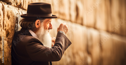 a Jewish man from the first temple period, dressed like a Hasidic Jew, praying in the wailing Wall photo