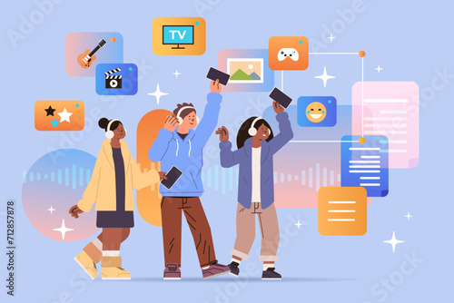 mix race students in headphones listen music party event entertainment and disco friends enjoy favorite songs students application