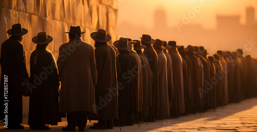 Jewish men praying and praying at mosque and wailing wall at sunset