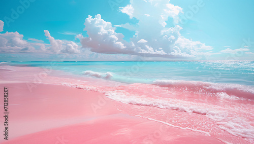 Pink fantasy beach scene illustration, summer leisure vacation dream paradise concept background
