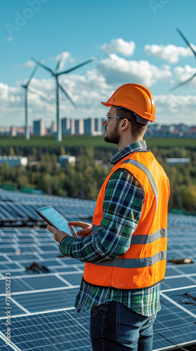 engineer with a tablet in hand looking to solar string inverter with wind and solar energy plants in background, green theme, bright sky, futuristic city scape, electric cars, photovoltaic panels, pho