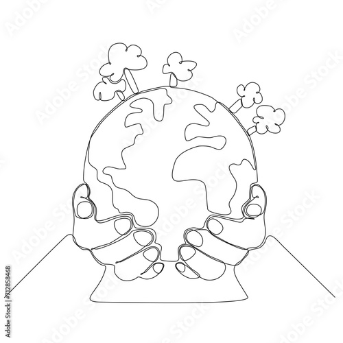 Continuous one line drawing. hand holding earth globe.