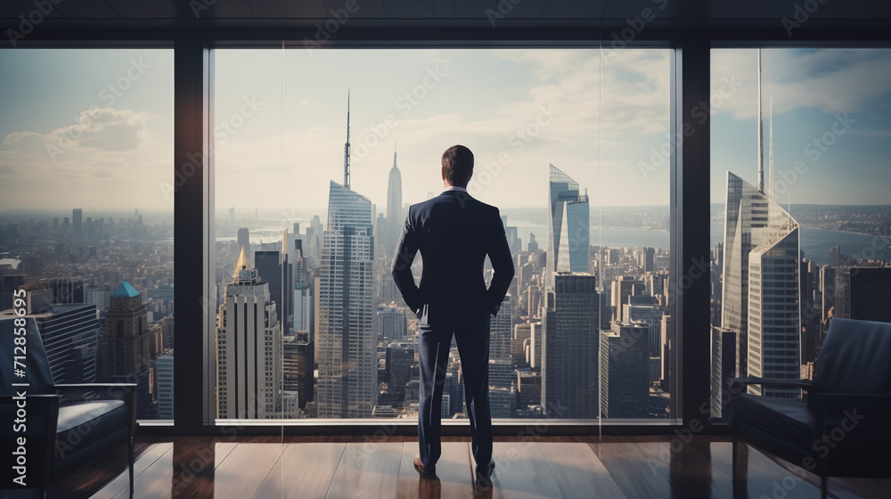 Businessman standing in front of big window Businessman standing in front of big window