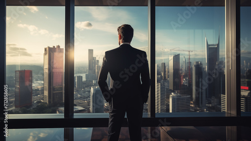 Businessman standing in front of big window