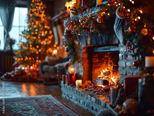 Christmas Fireplace Hearth Fire Tree Lights Wood Cozy Scene Background Wallpaper Image