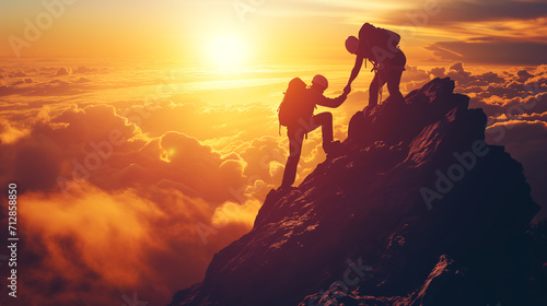 Two climbers help each other climb to the peak of a mountain, showing cooperation