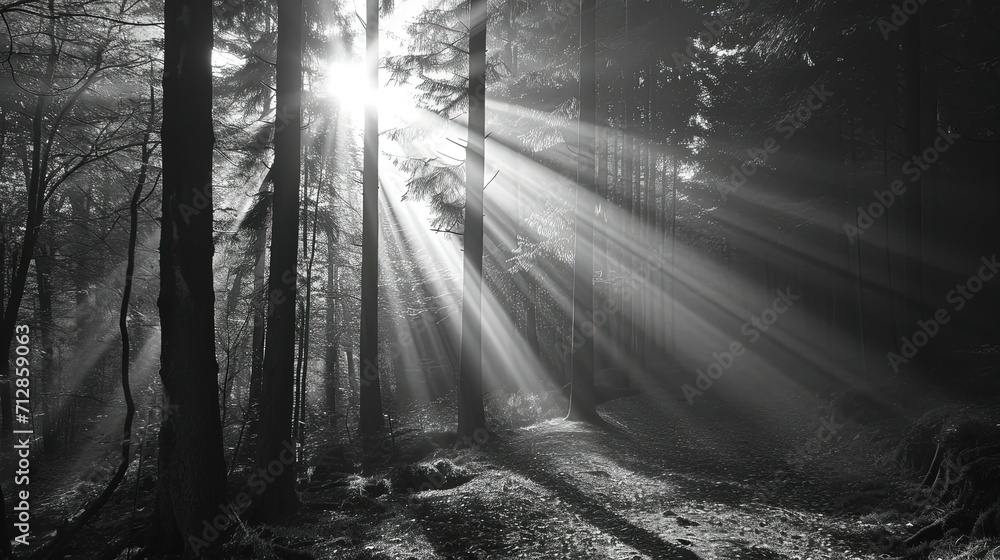 Fototapeta premium fog and sun ray in the forest, black and white style