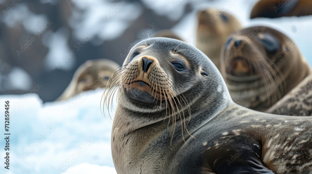 Fototapeta premium Closeup of a group of velvetlike fur seals basking in the sun their whiskers twitching as they lazily watch the surrounding icy landscape