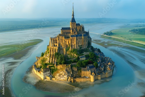 Mont Saint-Michel. Scenic aerial view at sunset, Normandy, France