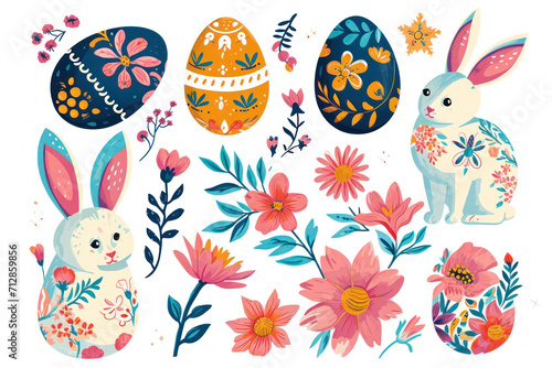 Set of elements foe Easter, easter pastel colors background. Eggs, rabbits, flowers
