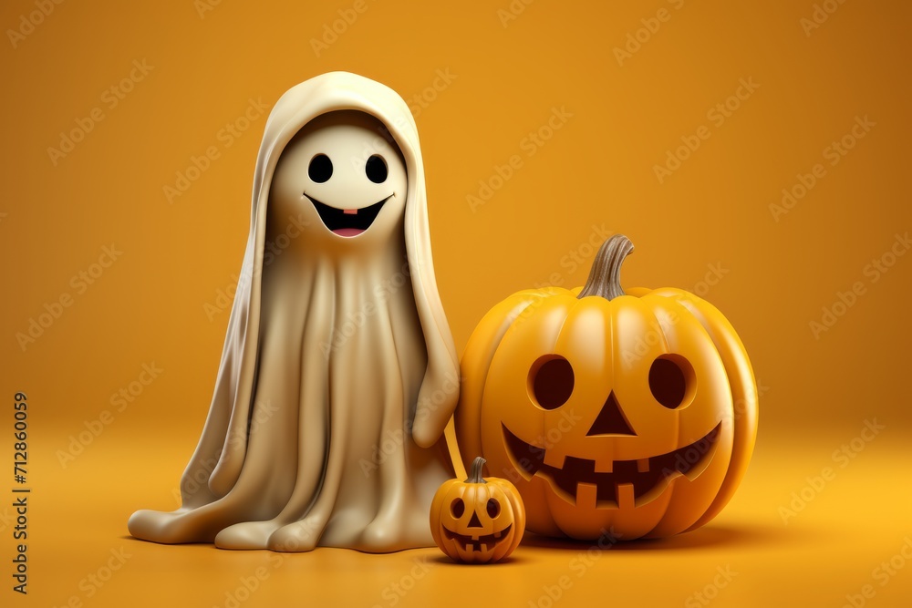 Halloween Ghost Holding a Tiny Jack-o'-Lantern, on an isolated Jack-o'-Lantern Yellow background, Generative AI Halloween Ghost Holding a Tiny Jack-o'-Lantern, on an isolated Jack-o'-Lantern Yellow background, Generative AI