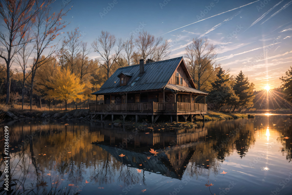 wooden house on the lake, nature background, fall season wooden house on the lake, nature background, fall season
