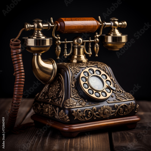 Antique telephone on wooden table,created with Generative AI tecnology.