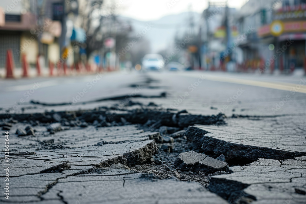Earthquake cracked road street in city. Generative AI Earthquake cracked road street in city. Generative AI