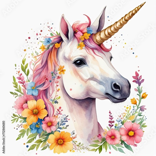 Watercolor unicorn with flowers around