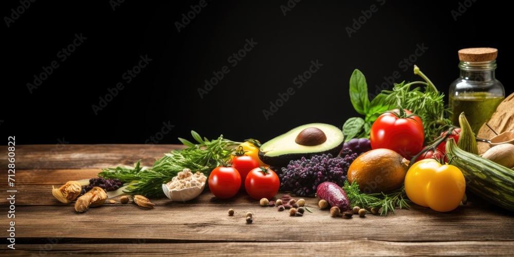 Various organic foods on wooden table. Various organic foods on wooden table.