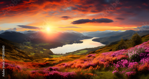 a beautiful view of the sun rising over a large lake