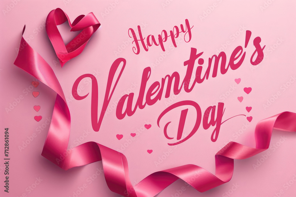 Valentine's day greeting card with pink ribbons on pink background
