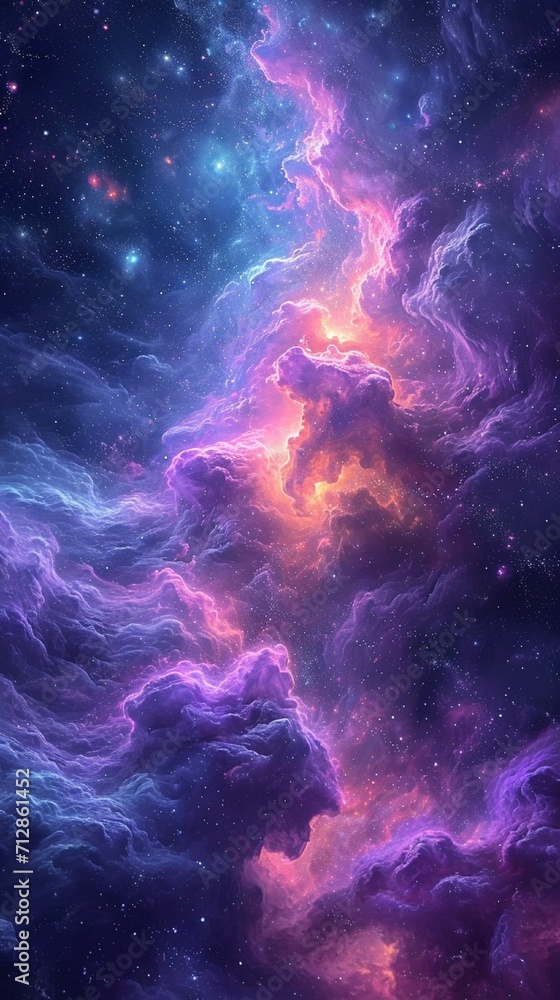 A space nebula liquid abstract 3D extrusion, with swirling purples, pinks, and blues, like a distant galaxy.