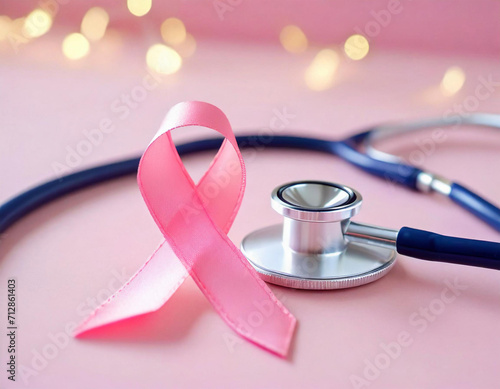 A pink ribbon and a stethoscope on a pink background